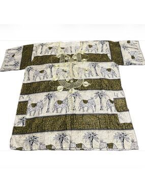 Handmade African Print Tunic with Elephant and Palm Tree Design Embroidered
